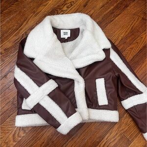 A New Day Brown and White Leather Jacket Classic Design